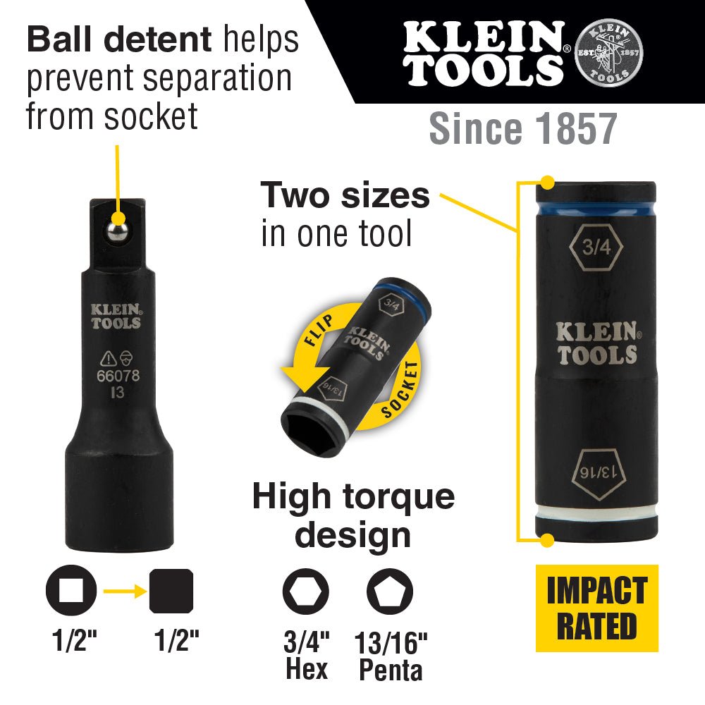 Klein 2 - in - 1 Penta Socket Hex Flip Socket with Adapter - 66080 - J.L. Matthews Co., Inc.