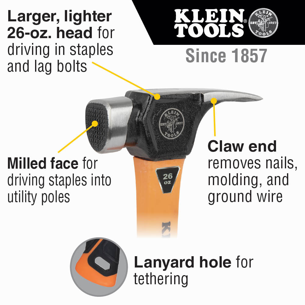 Klein 26oz Linemen Hammer Milled Face Claw Hammer - 832 - 26 - J.L. Matthews Co., Inc.