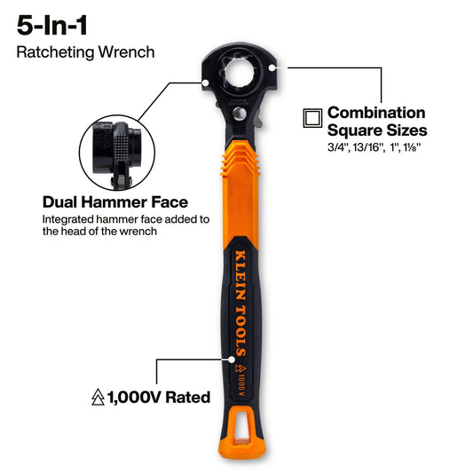 Klein 5 - in - 1 Hammer Facing Insulated Lineman Wrench - KT171HFINS - Wrenches