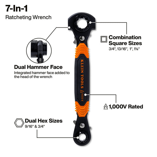 Klein 7 - in - 1 Hammer Facing Insulated Lineman Wrench - KT175HFINS - Wrenches