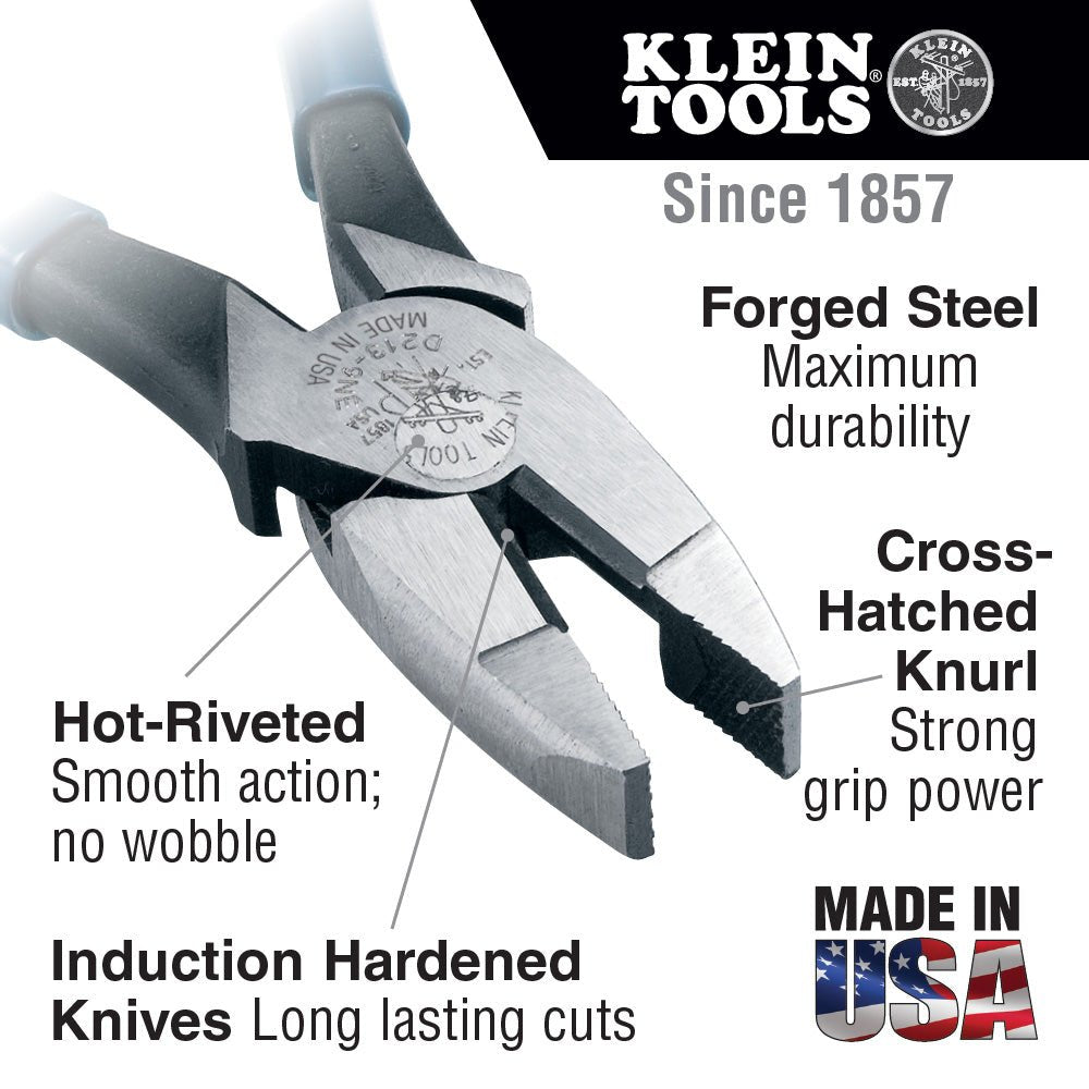 Klein 9" Side Cutting Lineman's Pliers W/ Tether Ring - D213 - 9NETT - J.L. Matthews Co., Inc.