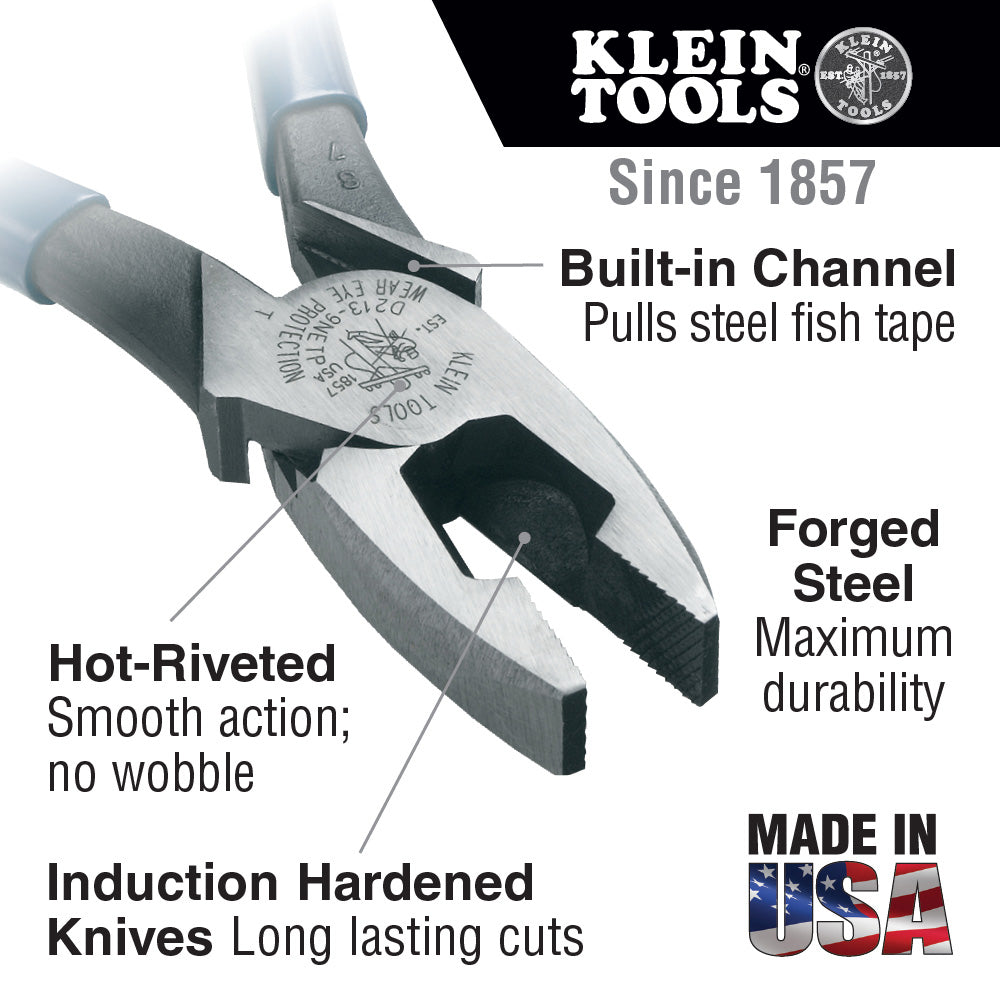 Klein 9'' Lineman Pliers Fish Tape Pulling Plier- D213-9NETP