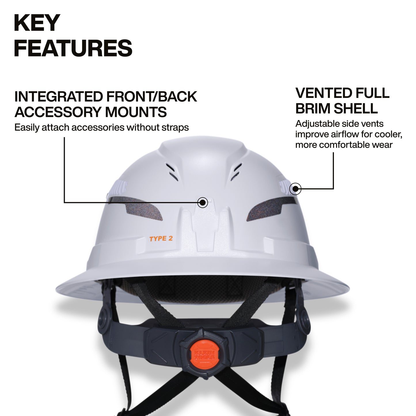 Klein Type-2 Hard Hat, Vented Full Brim Style, White - 60401T2