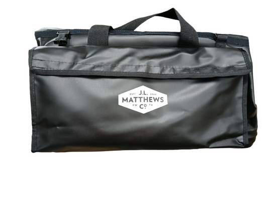 J.L. Matthews Big Mouth Black Vinyl Tool Bag W/2 Outside Pockets, Shoulder Strap & Roll-Up Rain Flap - 62-649