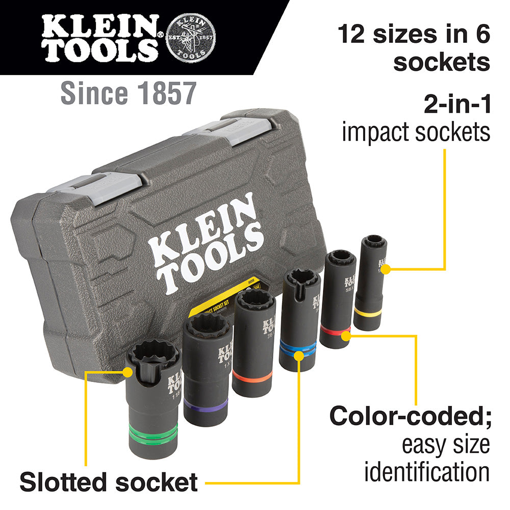Klein 2-In-1 Slotted Impact Socket Set, 12-Point, 6-Piece - 66090
