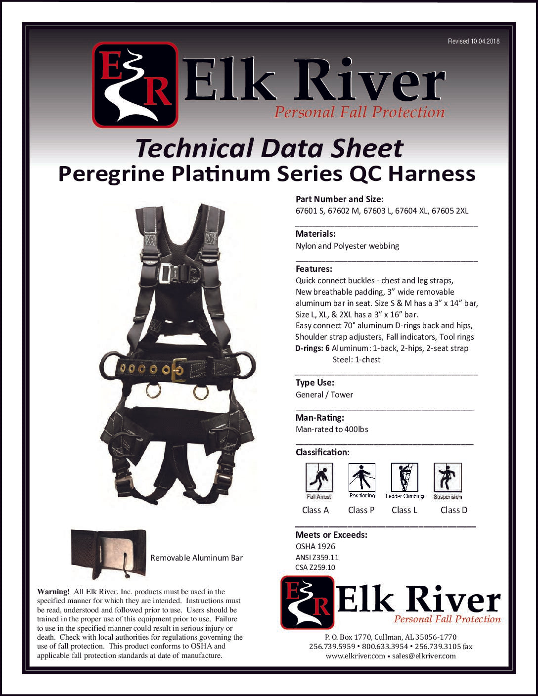 Elk River Tower Climbing Harness PeregrineRAS PS - 67631-67635