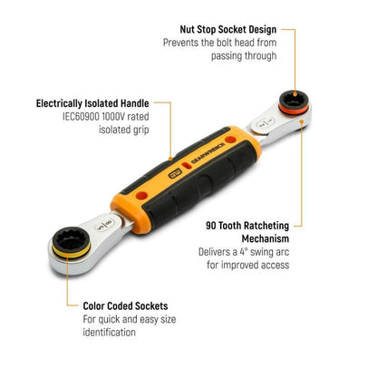 PRE-ORDER - Gearwrench 1/2" x 5/8" Lineman 2-in-1 Insulated Ratcheting Box Wrench - GWULRW1258
