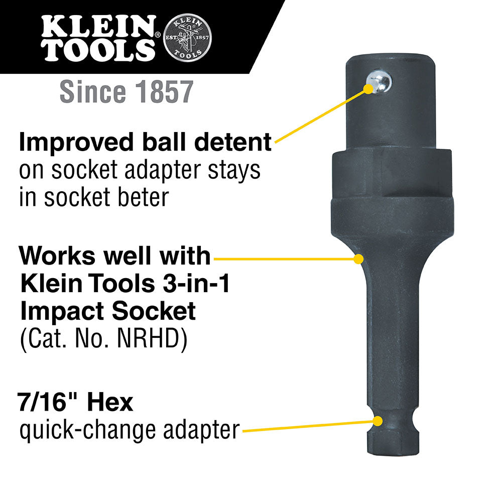 Klein 3 in 1 Impact Socket Adapter for NRHD - 7/16-Inch hex quick-change adapter