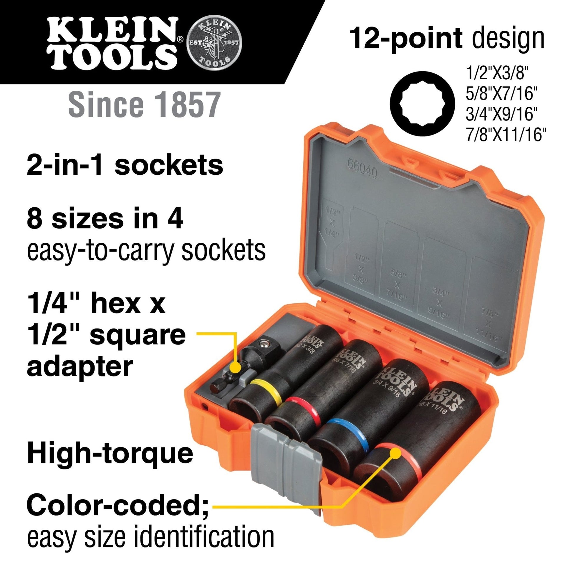 Klein 5 - Piece 12 - Point Impact Socket Set - 66040 - J.L. Matthews Co., Inc.