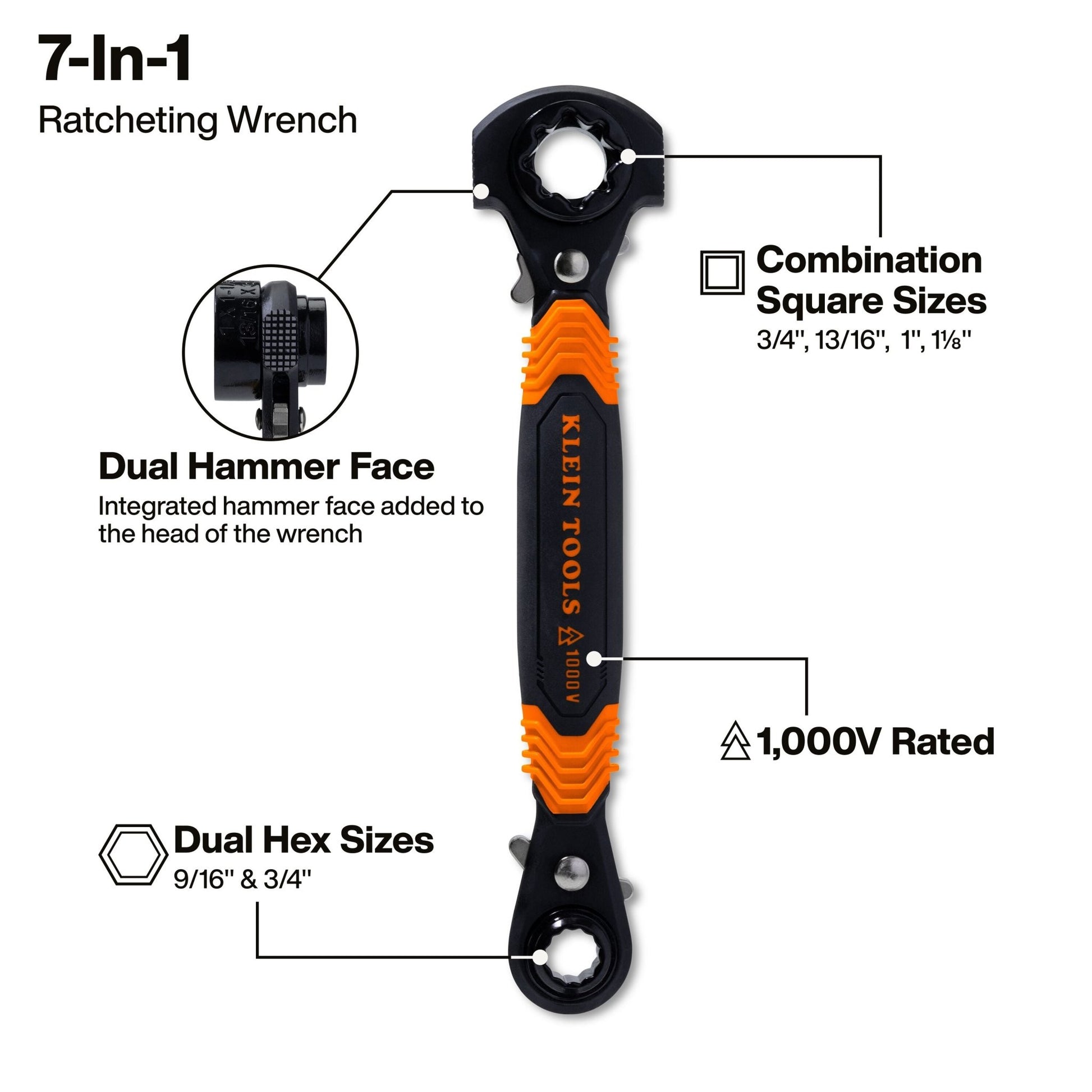Klein 7 - in - 1 Hammer Facing Insulated Lineman Wrench - KT175HFINS - Wrenches