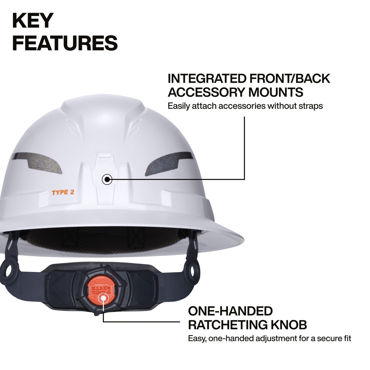 Klein Type - 2 Hard Hat, Non - Vented Full Brim Style, White - 60400T2 - Head Protection