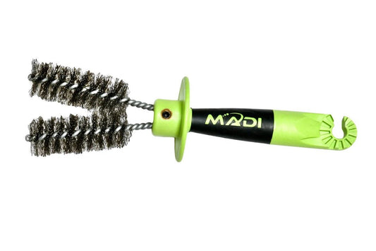 The MADI V-Groove Wire Brush features a V-shaped double brush to clean three sides of a conductor at once, shotgun stick compatibility, and replaceable brushes.