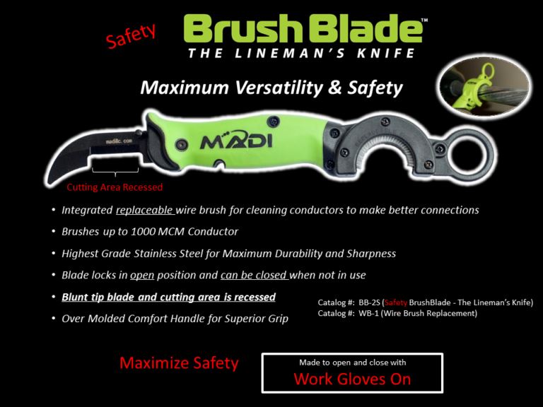 MADI Brush Blade Lineman's Knife, Curved Knife w/Wire brush - BB-2S