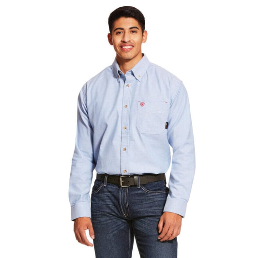 Ariat Men’s FR Solid DuraStretch Work Shirt - 10027886-10027885 Clothing Ariat Large Blue Twill 