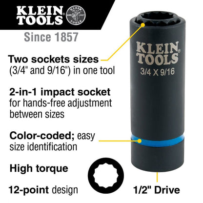 Klein 2-in-1 Impact Socket, 12-Point, 3/4 and 9/16-Inch - 66001