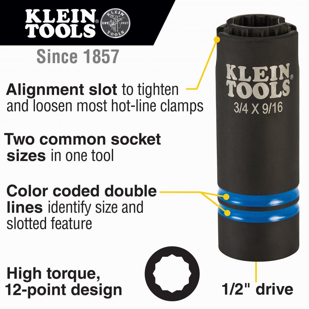 Klein 3-in-1 Slotted Impact Socket, 12-Point, 3/4 and 9/16" 