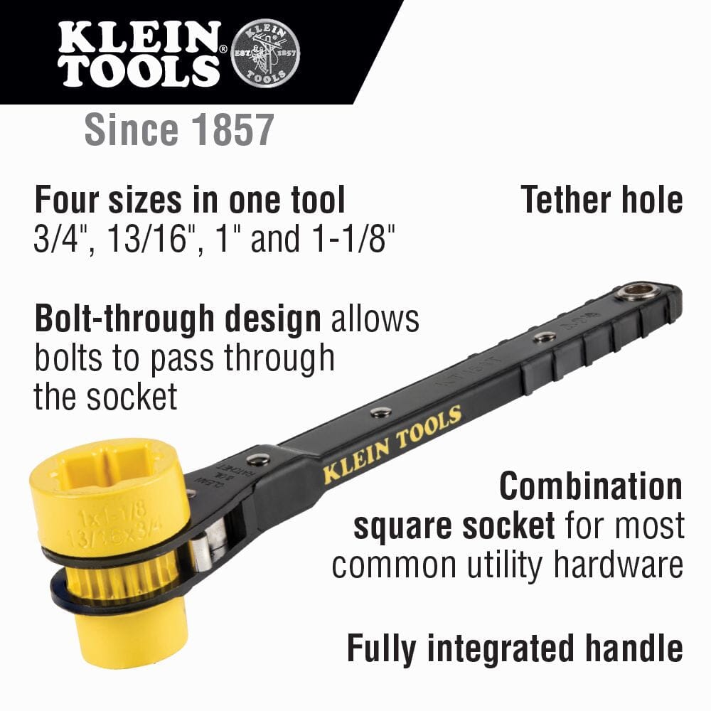 Klein Lineman's Wrench 4 in 1 Ratcheting Wrench Ratchet Tool - Bolt through Design