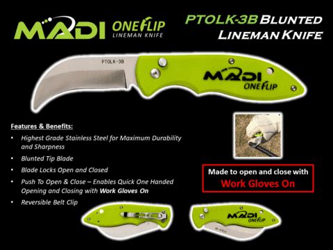 MADI One Flip Lineman Knife Pointed Tip Blade Knife - PTOLK-1P