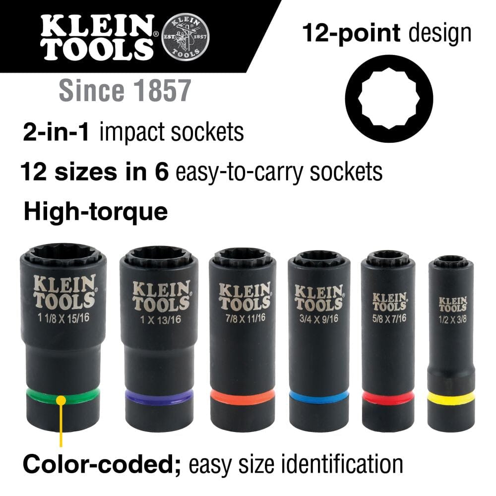 Klein 2 - in - 1 Socket Set 6 Piece 12 point Impact Socket Set - 66010 - J.L. Matthews Co., Inc.
